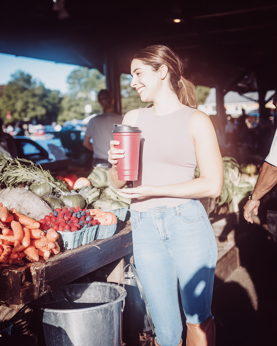 Cena vibrante em um mercado ao ar livre, com uma mulher sorridente segurando um copo vermelho, cercada por frutas e vegetais frescos sob luz natural suave. A composição é casual, com foco nítido na expressão alegre e nas cores vivas dos produtos, transmitindo uma atmosfera de descontração e frescor. A iluminação cria um contraste suave entre as sombras e a luz, destacando os detalhes do ambiente rústico e acolhedor.