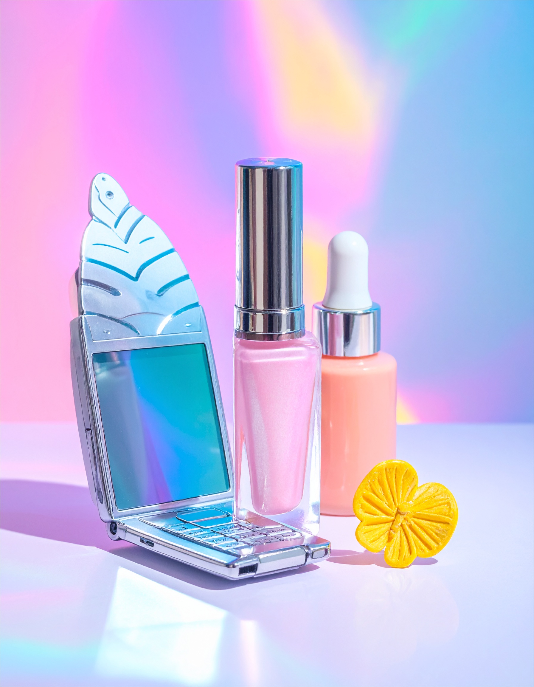 A collection of cosmetics on a reflective surface with a pastel background