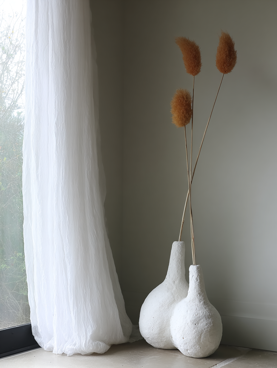 Dois vasos brancos de cerâmica com forma orgânica estão posicionados no canto de uma sala iluminada suavemente. Atrás deles, cortinas brancas translúcidas permitem a entrada de luz difusa, criando um ambiente sereno e minimalista. Ramos secos de pampas completam a composição, adicionando textura e contraste ao cenário neutro.