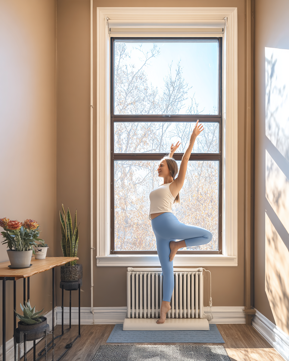 Mulher praticando yoga na pose de árvore diante de uma grande janela com vista para árvores de inverno. A iluminação natural suave preenche o ambiente, destacando o equilíbrio e a serenidade da cena. Paredes em tons neutros e plantas decorativas emolduram o espaço, enquanto um tapete e aquecedor complementam o cenário. A composição vertical enfatiza a elegância e a tranquilidade do momento, com um foco claro na postura e na expressão serena da praticante.
