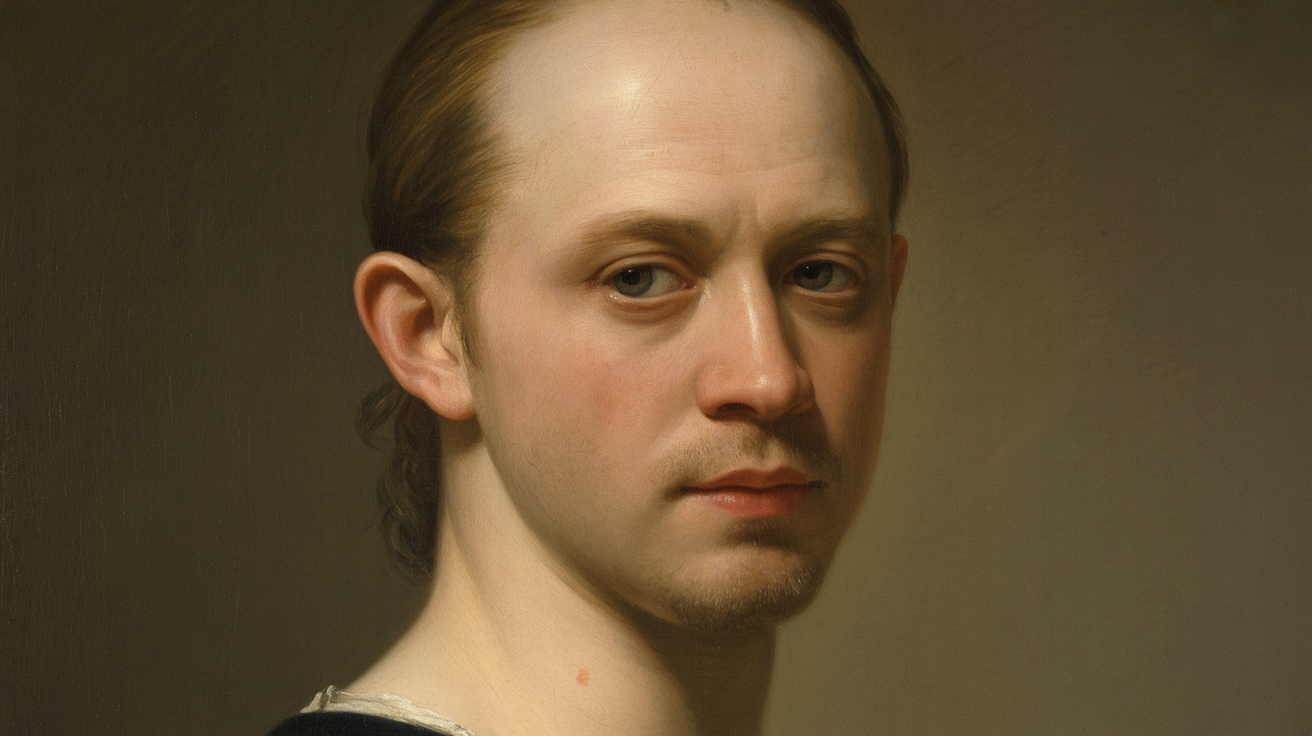 A classical portrait painting of a young man with a contemplative expression