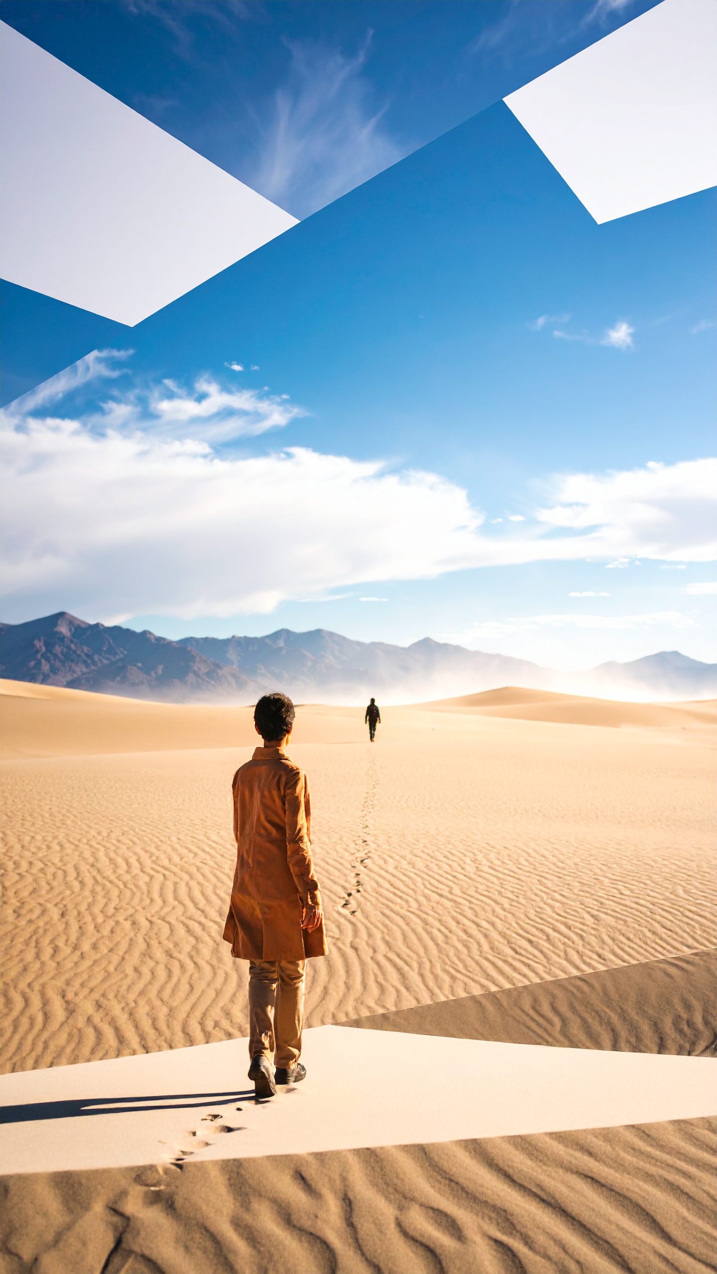 A figure in a brown coat walks across a vast desert landscape