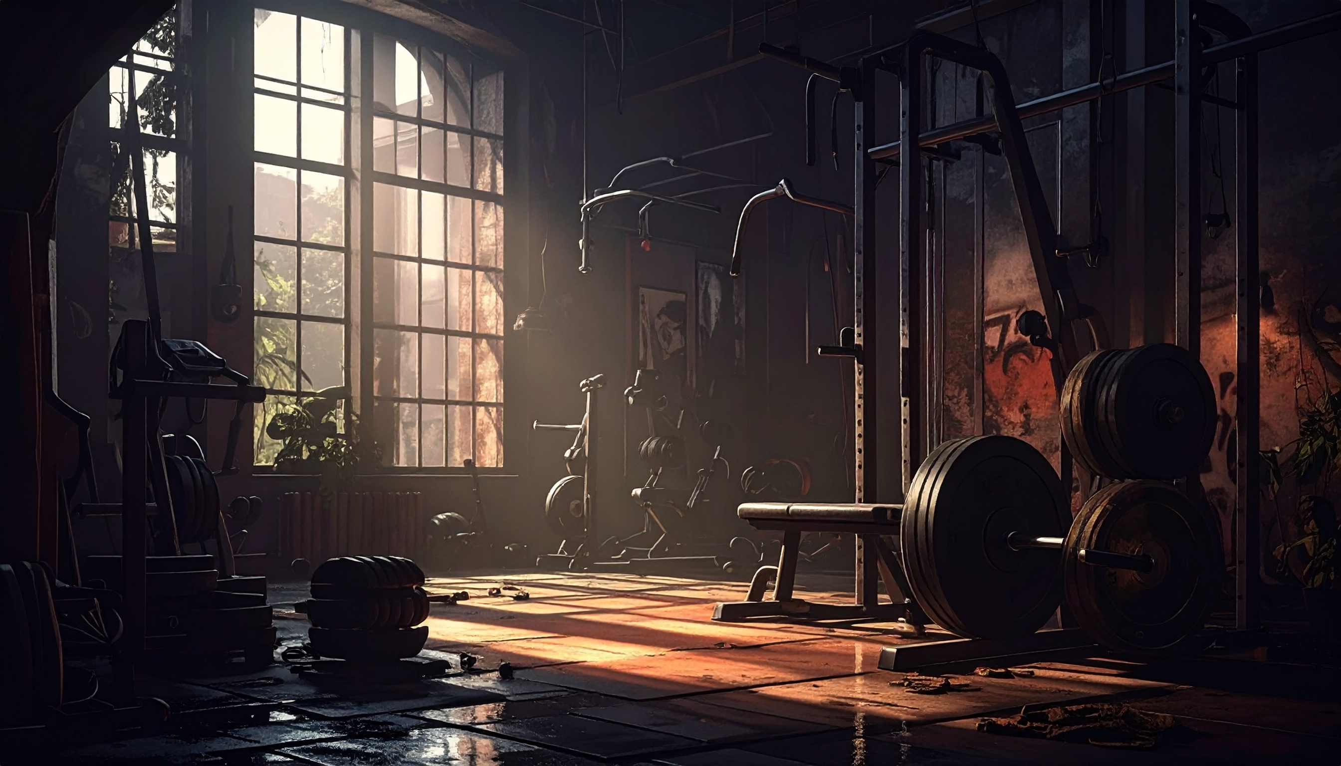 A rustic gym bathed in warm sunlight showcases heavy-duty weightlifting equipment