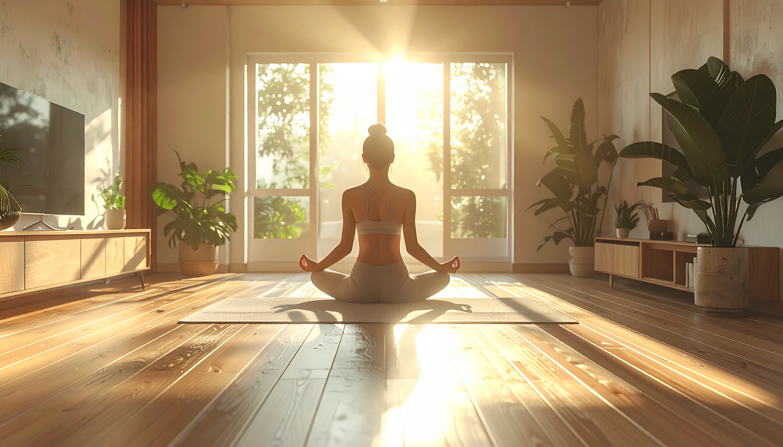 Woman Meditating in Lotus Position in Sunlit Room