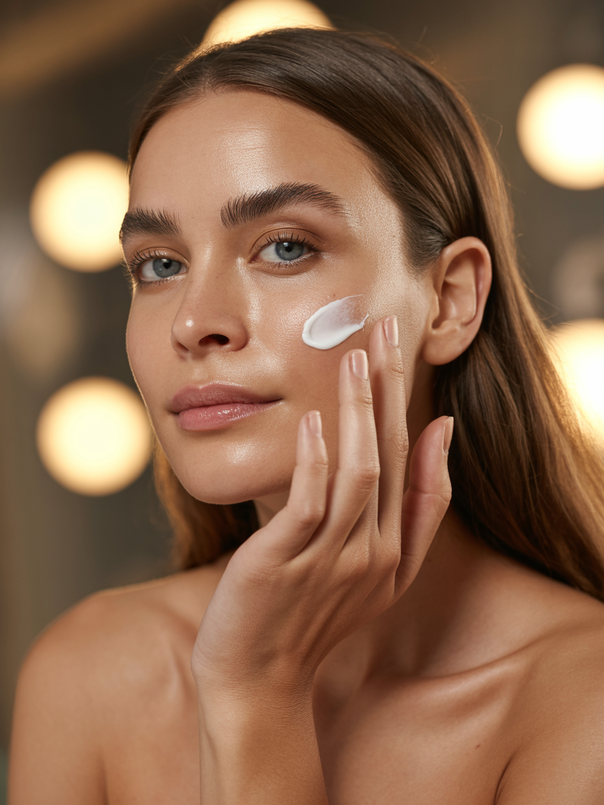 Woman Applying Moisturizer on Face in Close-Up
