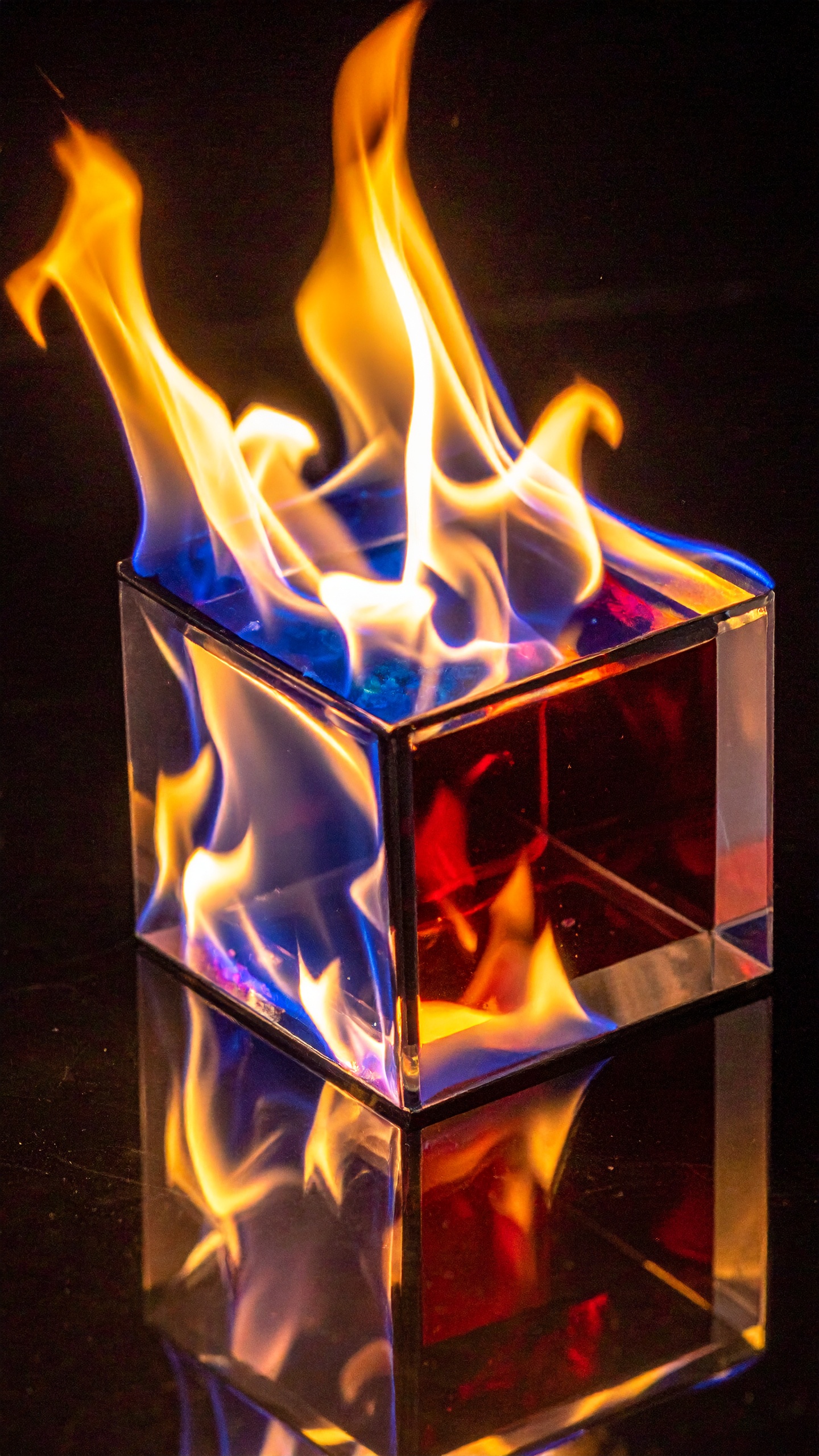 A glass cube burns with vibrant multicolored flames against a dark background