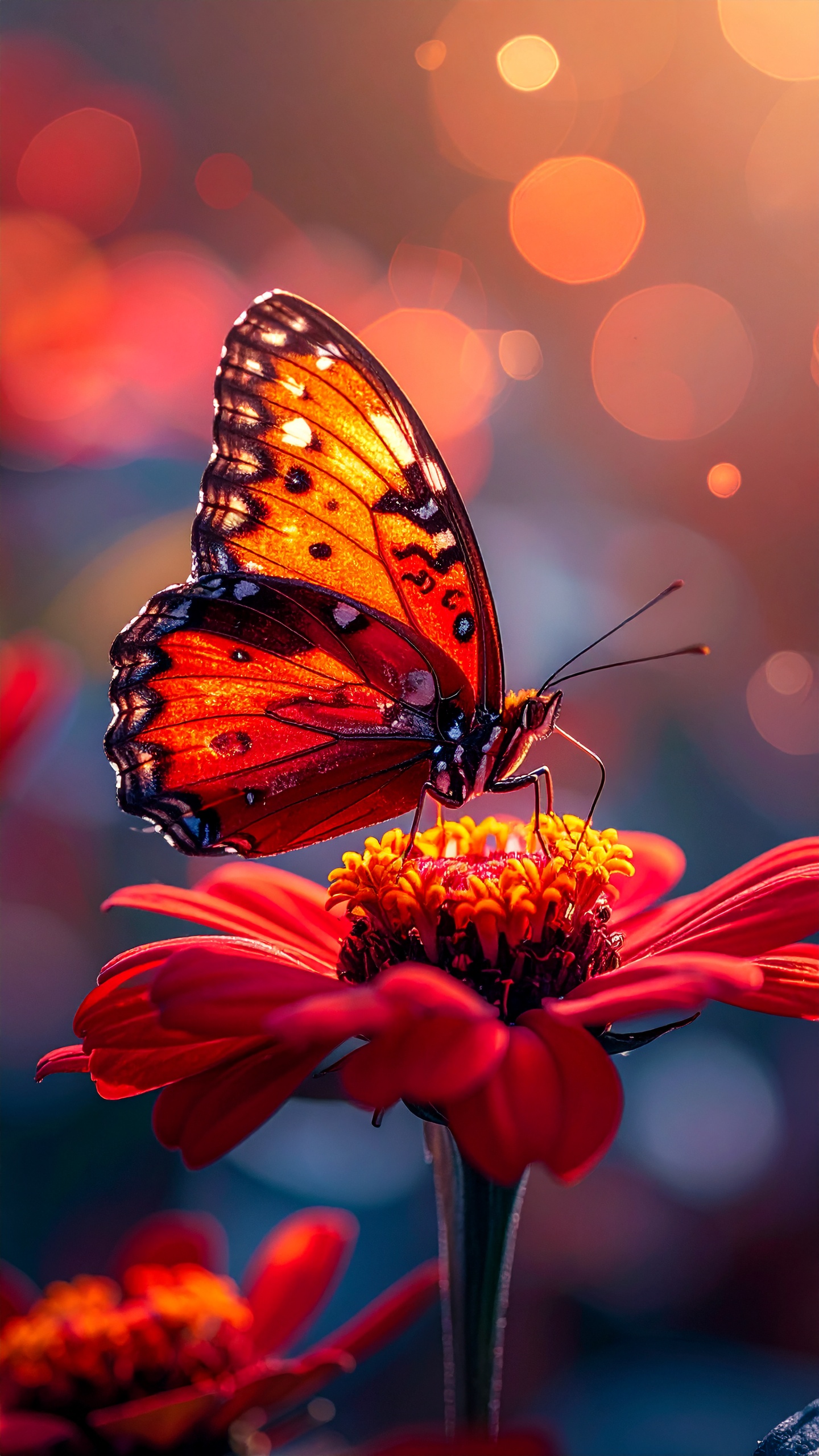 Uma borboleta de asas laranja com detalhes pretos repousa delicadamente sobre uma flor vermelha vibrante. A imagem é iluminada por uma luz suave e cálida, criando uma atmosfera mágica e etérea. O fundo desfocado exibe bokeh em tons quentes, destacando a beleza do inseto e da flor. A composição é em close-up, com foco nítido na borboleta, enquanto as pétalas brilham sob a luz do sol.