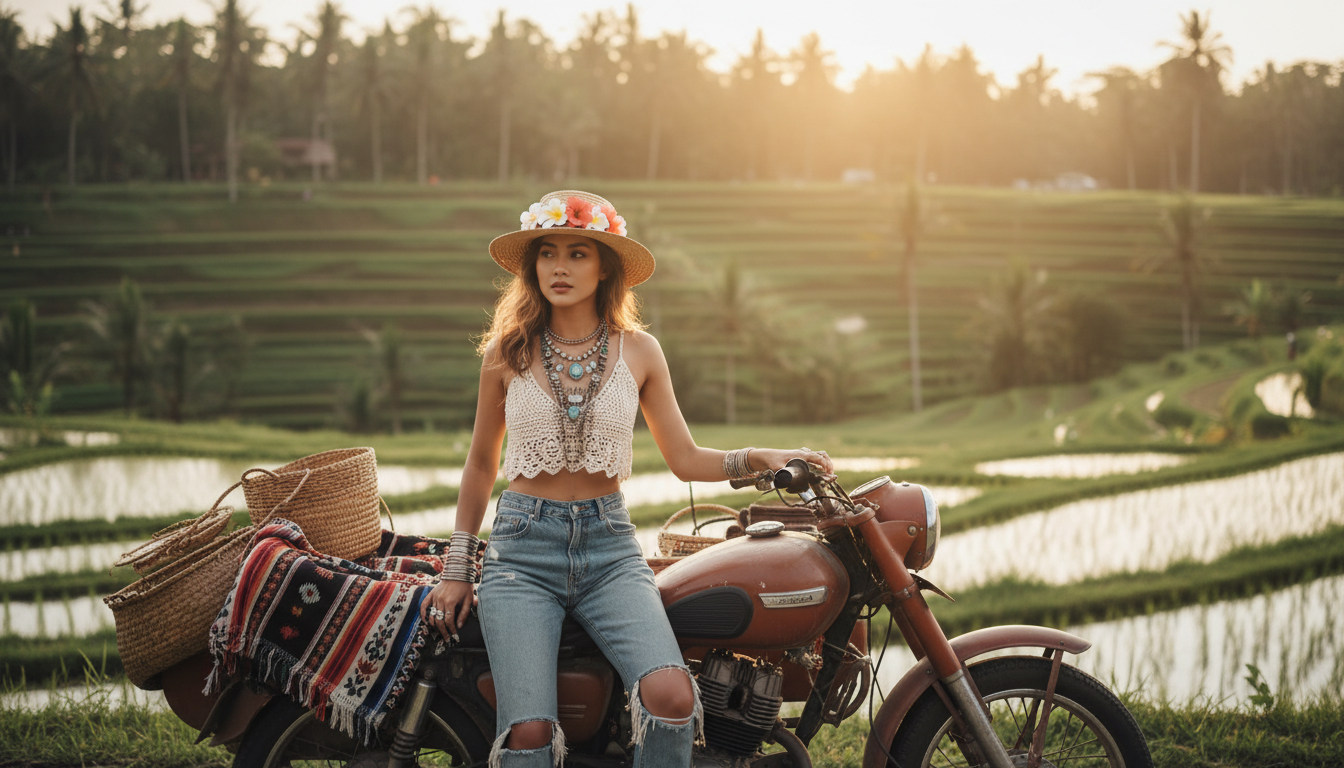 A young woman sits on a vintage motorcycle amidst lush rice terraces
