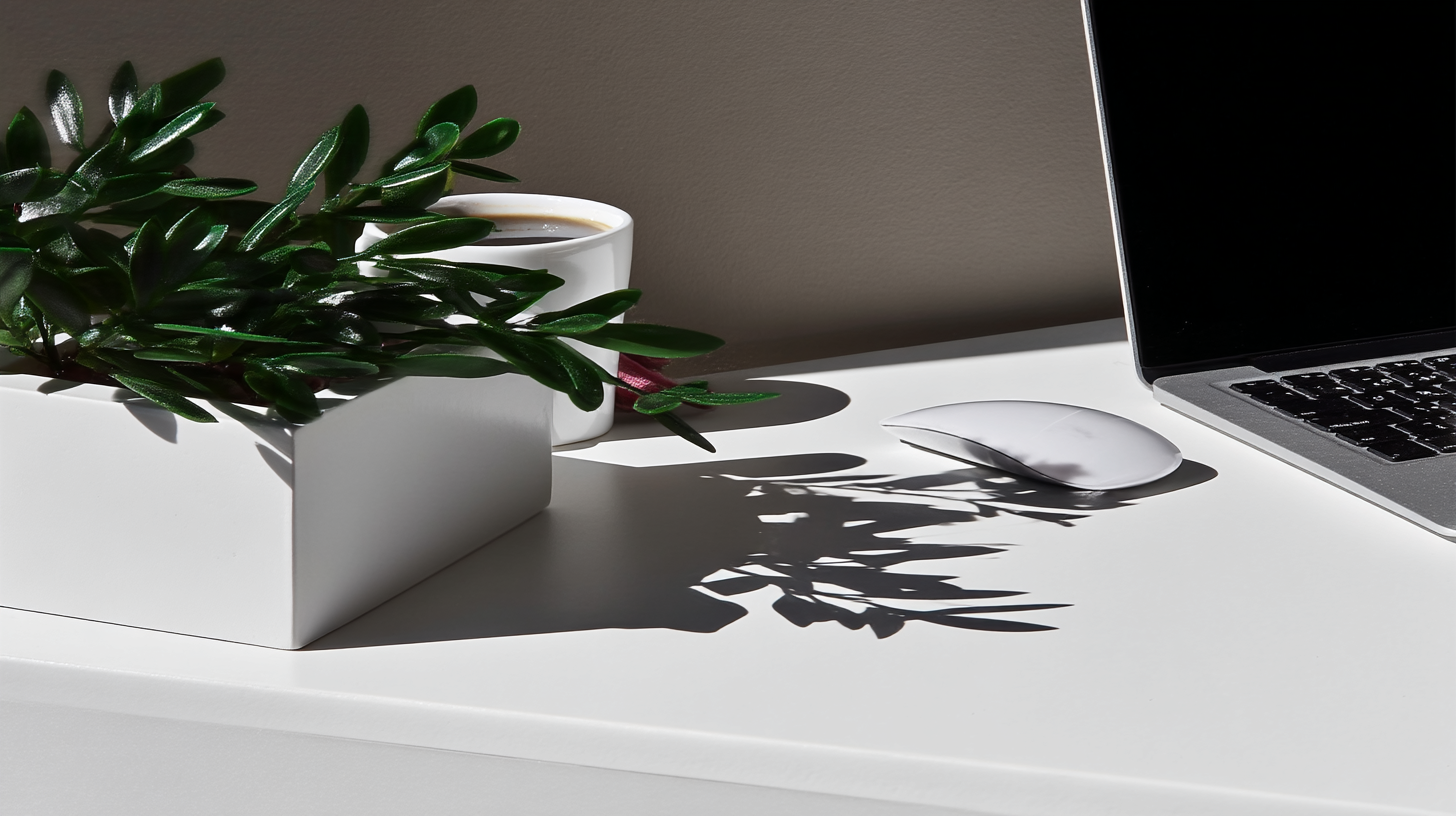 Cena de escritório minimalista com planta verde em vaso branco, xícara de café, mouse e laptop sobre mesa clara. Luz suave cria sombras definidas, realçando texturas e materiais contrastantes em um ambiente organizado e sereno.