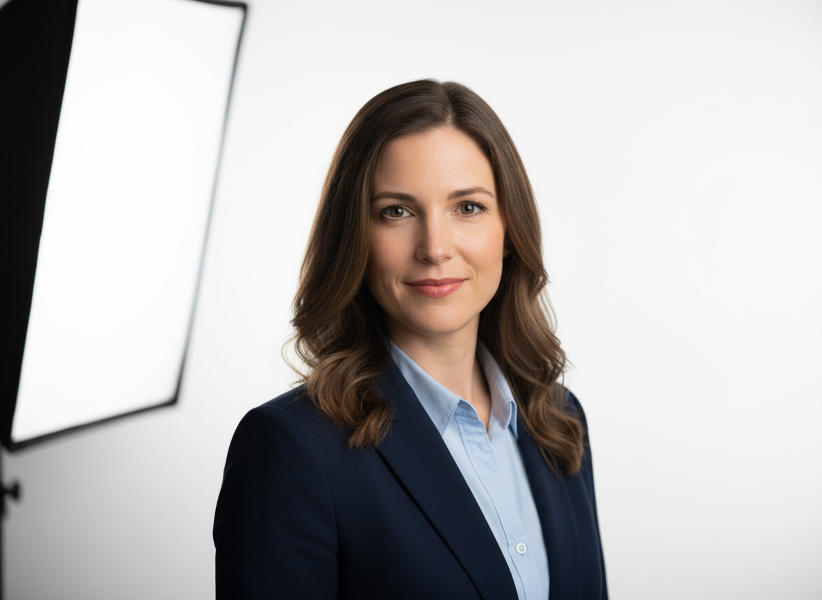 A professional woman in a navy blazer stands against a plain background