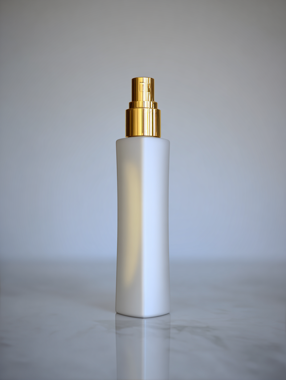 Frasco elegante de perfume com design minimalista em fundo neutro. A tampa dourada complementa o corpo fosco, criando um contraste sofisticado. Iluminação suave realça a textura e forma, gerando um reflexo sutil na superfície brilhante abaixo.