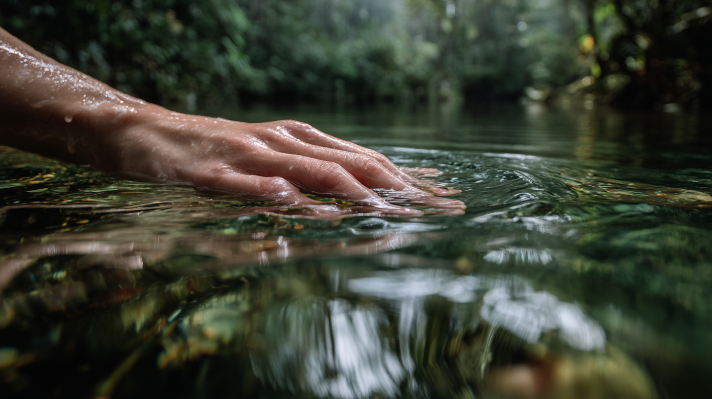 Uma mão delicadamente toca a superfície de um lago sereno, cercado por vegetação exuberante em um ambiente natural. A água é clara e reflete a luz suave, criando um efeito tranquilo e relaxante.