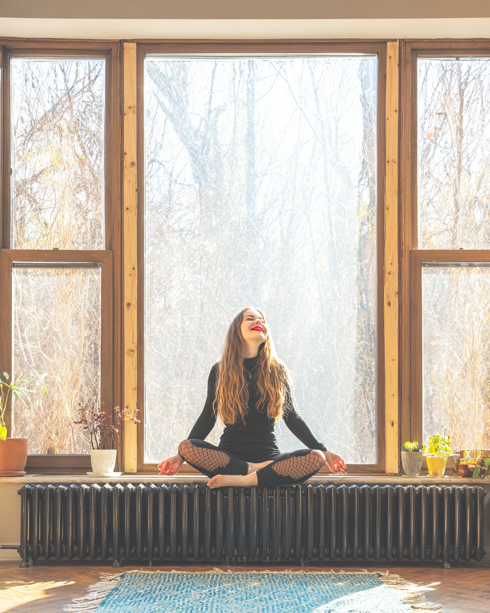 Mulher sorridente medita em posição de lótus sob luz natural suave em uma janela ampla com vista para uma floresta invernal. Atmosfera serena e relaxante indicada por plantas e tapete decorativo.