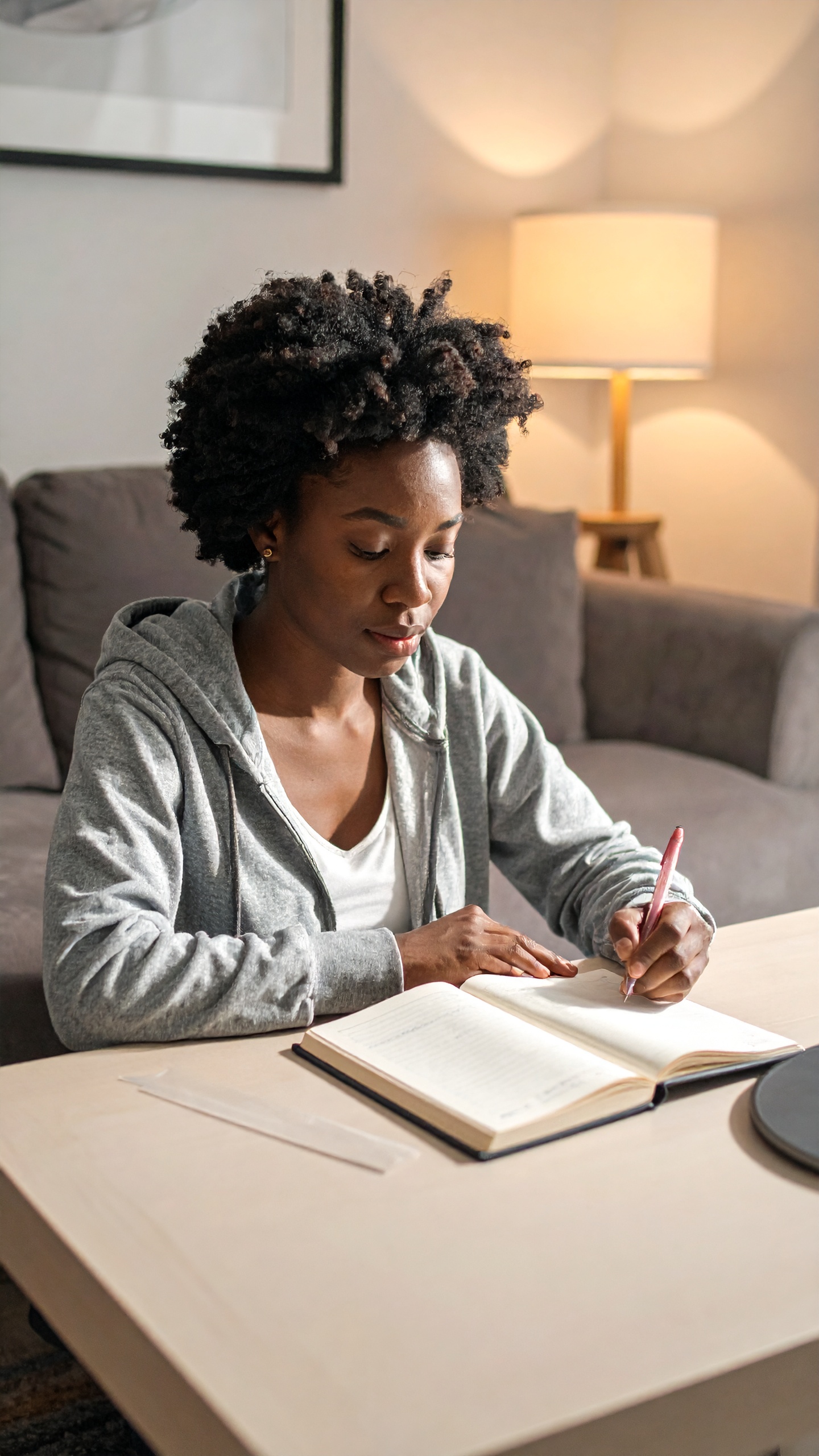 A person is engaged in writing in a notebook while sitting at a cozy home desk