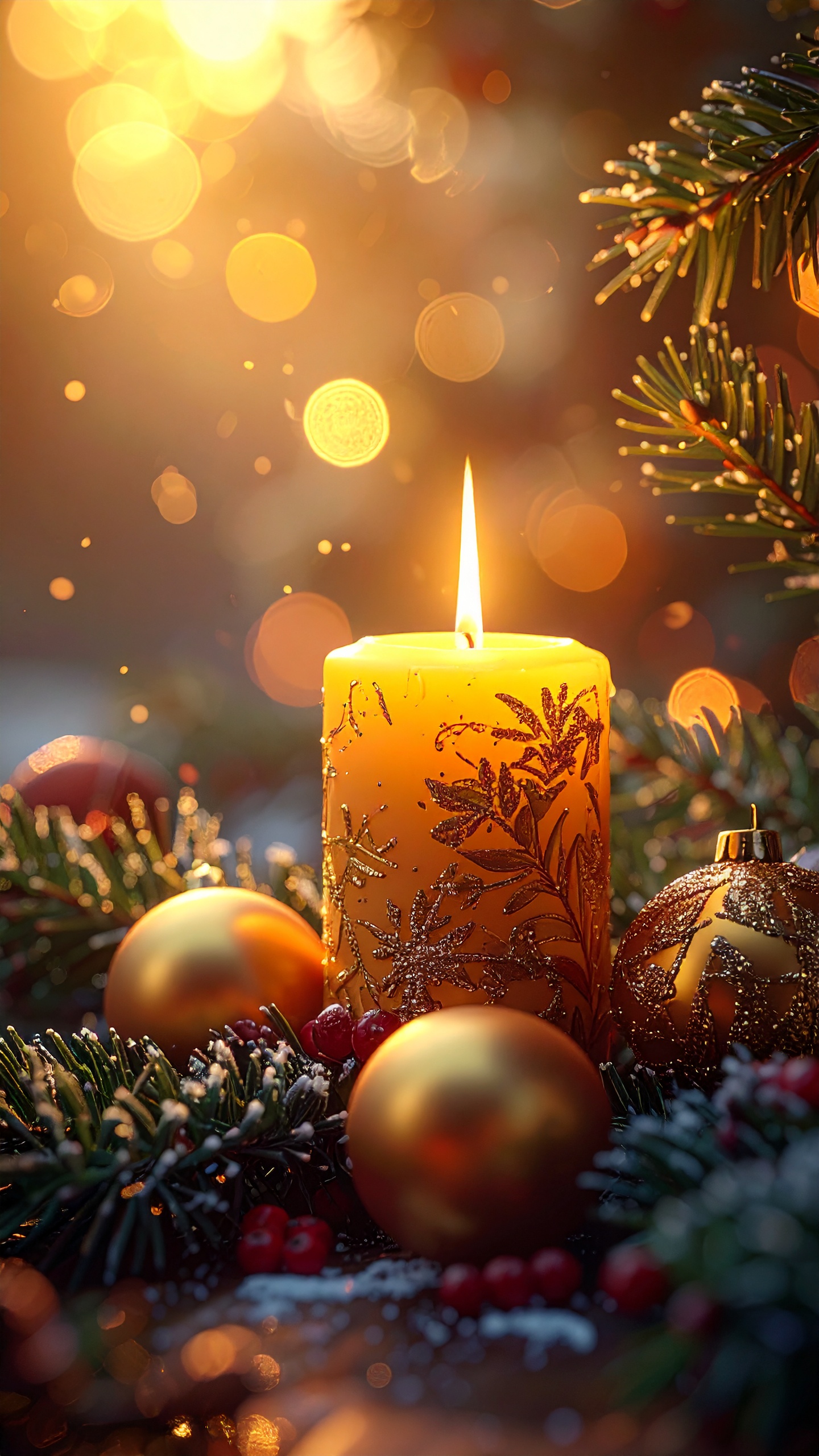 Cena natalina com vela decorativa acesa cercada por enfeites dourados e galhos de pinheiro. Iluminação quente cria uma atmosfera aconchegante, com bokeh suave ao fundo, enfatizando o espírito festivo. Composição equilibrada com detalhes em glitter nas decorações.