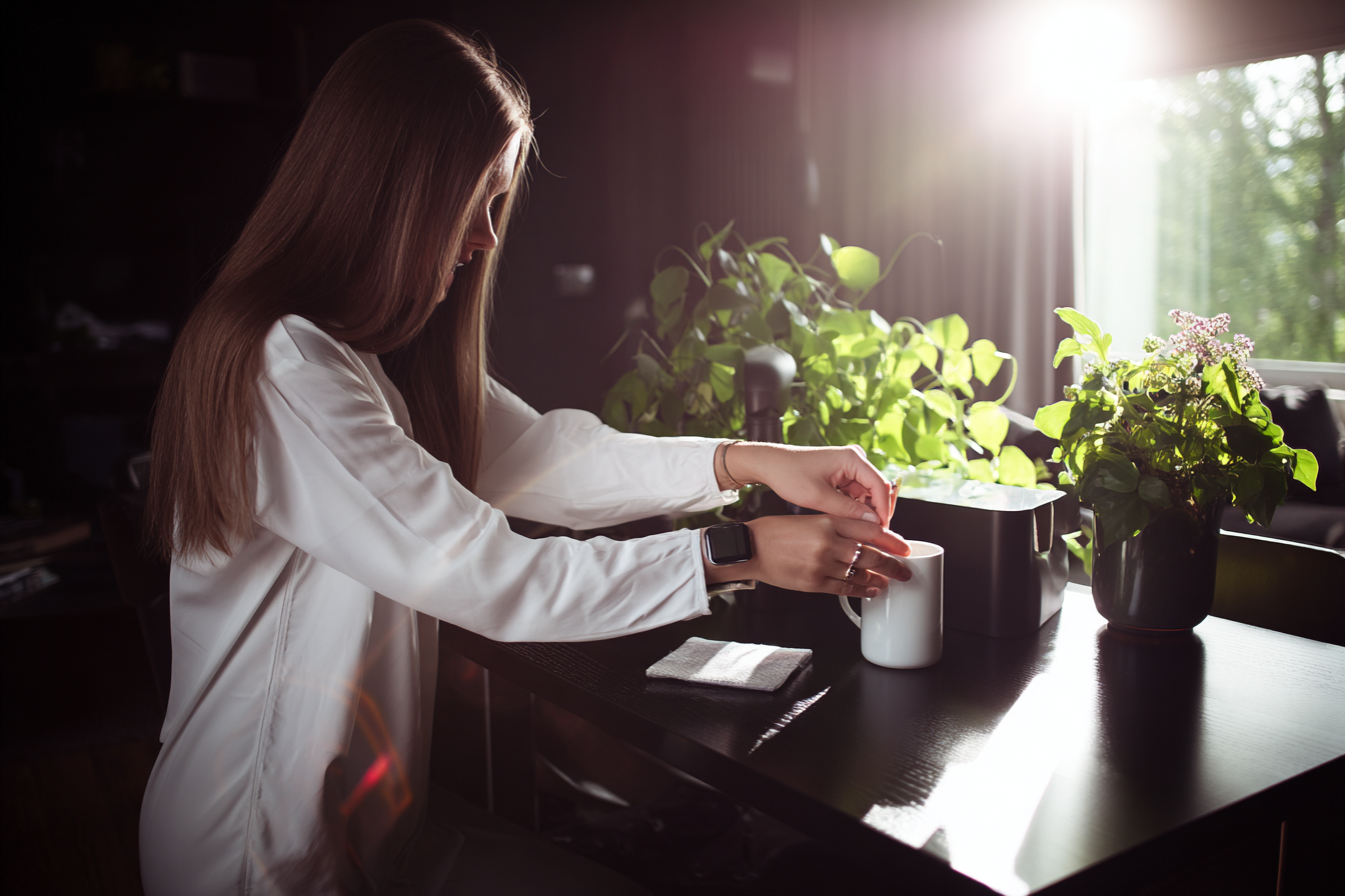 Mulher sentada à mesa, mexendo uma xícara de bebida quente, cercada por plantas verdes. A luz suave do sol entra pela janela, criando um ambiente aconchegante e sereno. O foco suave destaca cabelos longos e reflexos na superfície da mesa. A cena é composta em um estilo minimalista e moderno, com ênfase na tranquilidade da manhã.