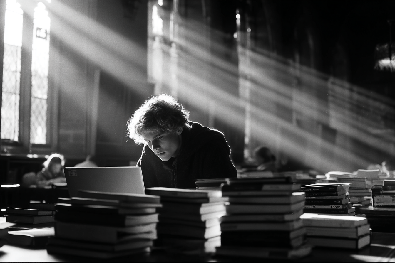 Um jovem concentrado em um laptop em uma biblioteca iluminada por raios de luz, cercado por pilhas de livros em preto e branco. A cena evoca um ambiente de estudo profundo e reflexão.