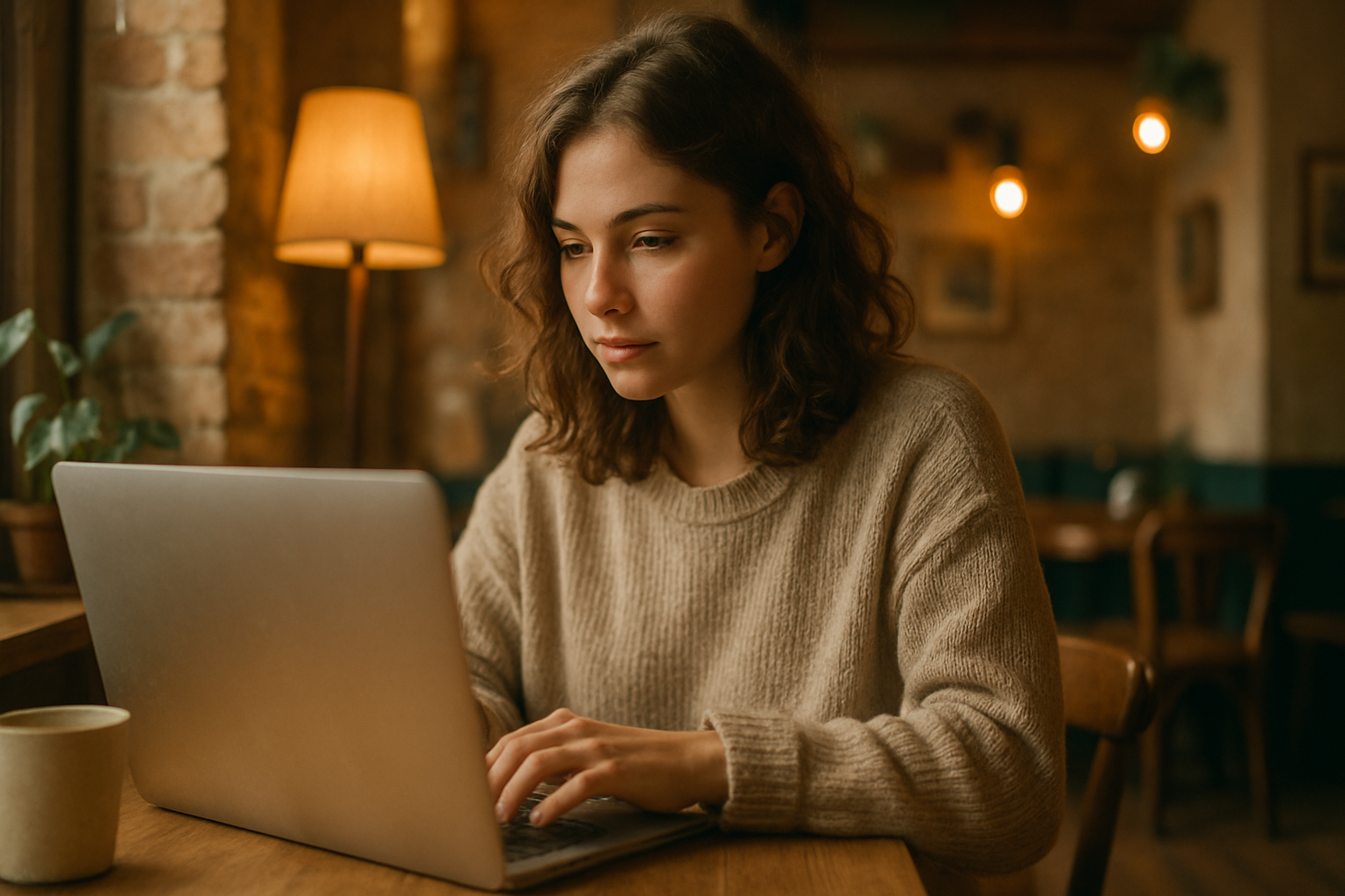Uma mulher concentrada trabalha em um laptop dentro de um café aconchegante, iluminado por luzes quentes e suaves. O ambiente acolhedor é destacado por uma decoração rústica, incluindo uma luminária e plantas, criando uma atmosfera tranquila e propícia à concentração. A composição em profundidade de campo rasa foca na expressão atenta dela, enquanto o fundo desfocado adiciona calor e textura à cena.