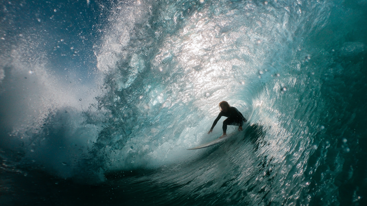 Surfista realizando manobra dentro de um tubo de onda em um dia ensolarado. A imagem captura a beleza do surf com água cristalina e espuma ao redor, destacando a habilidade e a emoção do esporte aquático.