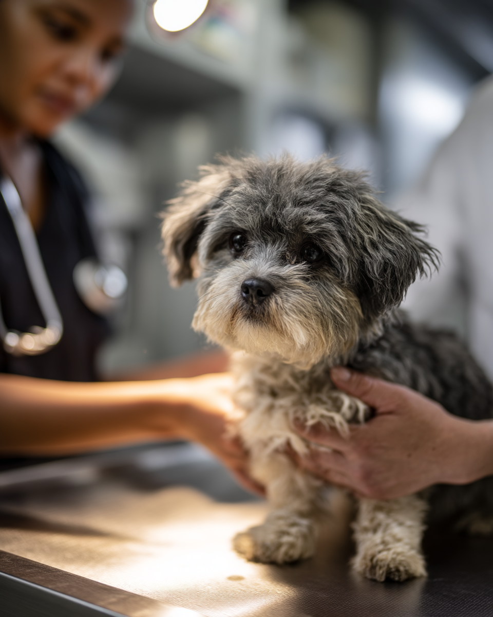 Um cachorro pequeno e peludo sendo examinado por um veterinário em um consultório animal, com foco na relação cuidadosa entre o animal e o profissional de saúde animal.