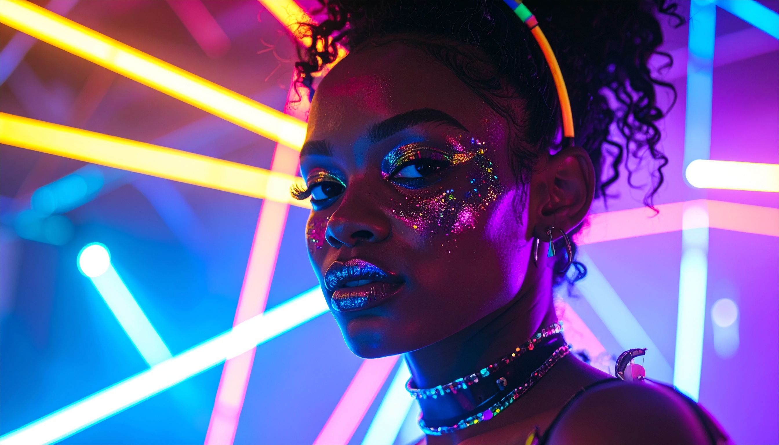A model with glitter makeup stands against a vibrant neon backdrop