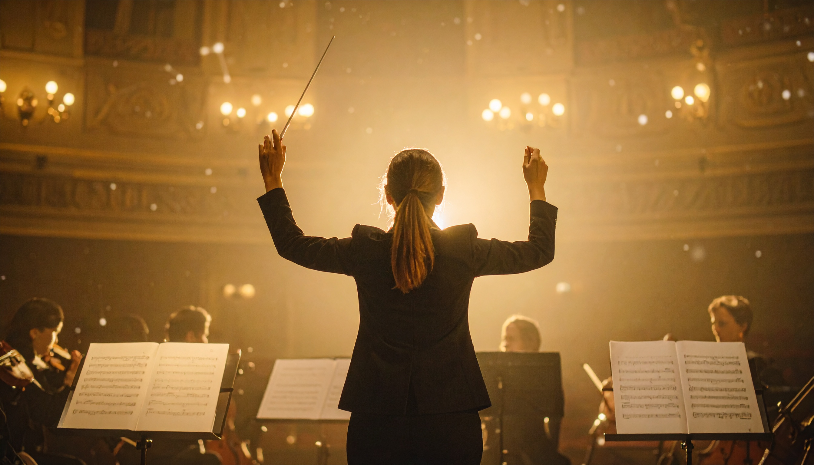 Maestro de costas conduz uma orquestra em um teatro luxuoso, iluminado por uma luz dourada suave que destaca as partituras e os músicos ao fundo. A cena tem uma atmosfera clássica e elegante, com foco na figura central do maestro, capturada em um ângulo que transmite a grandiosidade e a organização do espetáculo musical.