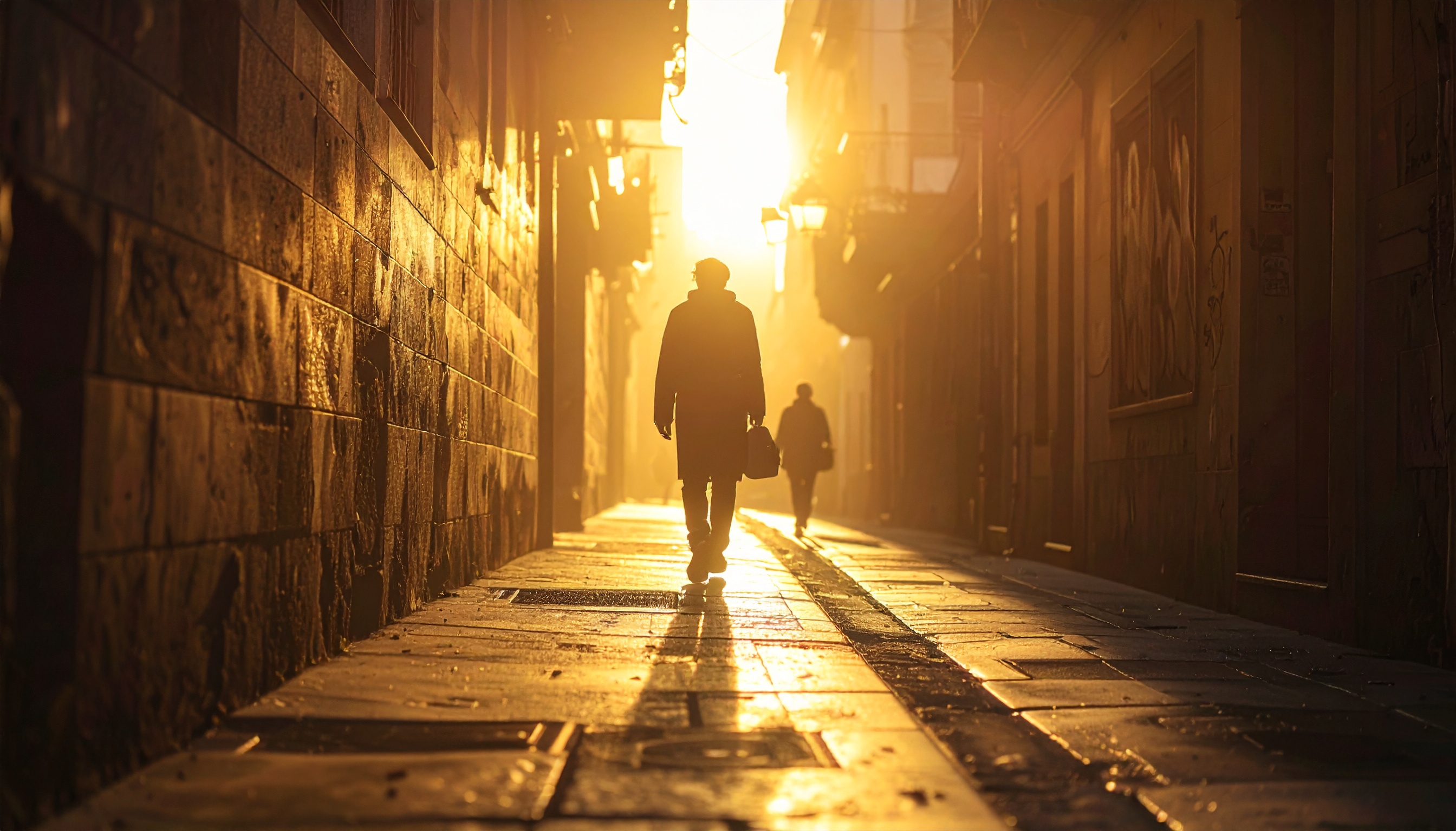 O sol poente ilumina um beco estreito, criando um efeito dourado nas paredes de tijolos. Essa cena evoca uma sensação de tranquilidade e introspecção, ideal para narrativas visuais que buscam transmitir transformação ou jornadas pessoais. As sombras alongadas das figuras humanas adicionam profundidade e mistério, tornando a imagem única. Pode ser utilizada em campanhas de marketing que destacam viagens, mudanças de vida ou produtos relacionados à exploração urbana. A tonalidade quente e o contraste entre luz e sombra oferecem um toque artístico e envolvente.