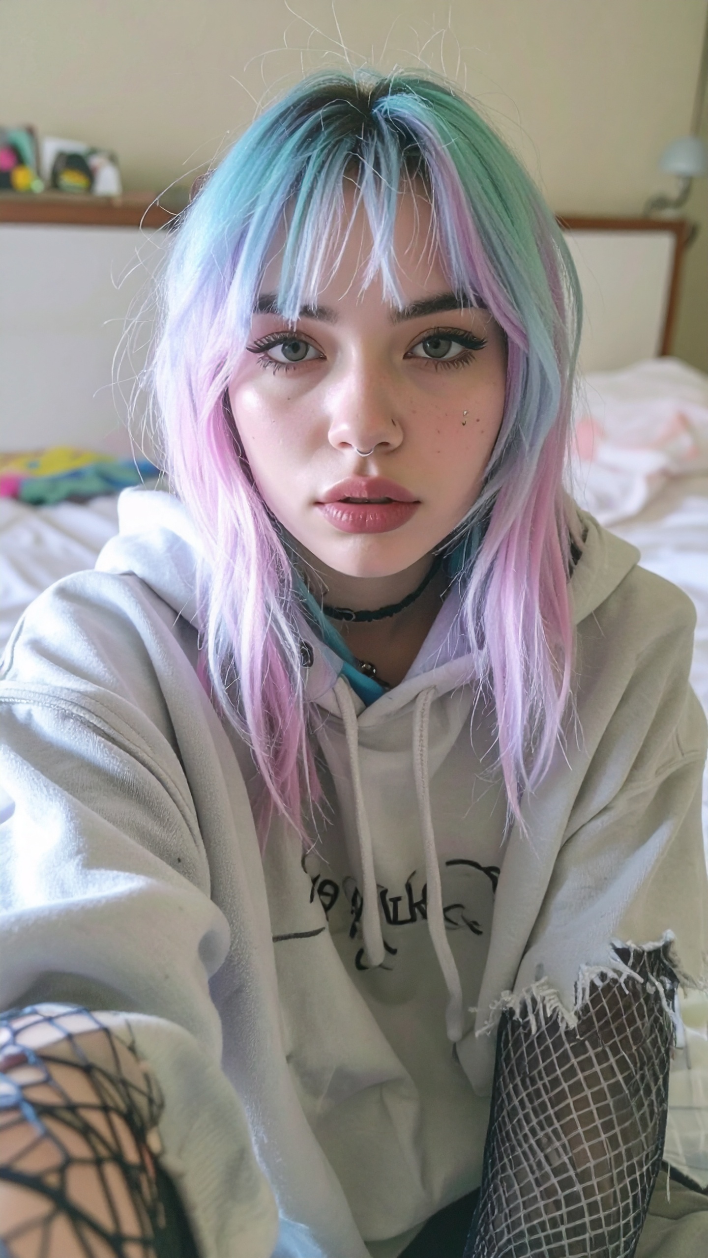 Jovem com cabelo colorido em tons pastel e estilo alternativo. Ideal para expressar identidade única e estilo pessoal em contextos urbanos e modernos. O cabelo rosa e azul complementa um visual despojado com moletom e meia arrastão, criando um contraste interessante. Perfeito para sessões de fotos de moda ou campanhas que visam públicos jovens e criativos. Este look destaca-se pela ousadia e originalidade, sendo uma escolha marcante para eventos ou redes sociais.