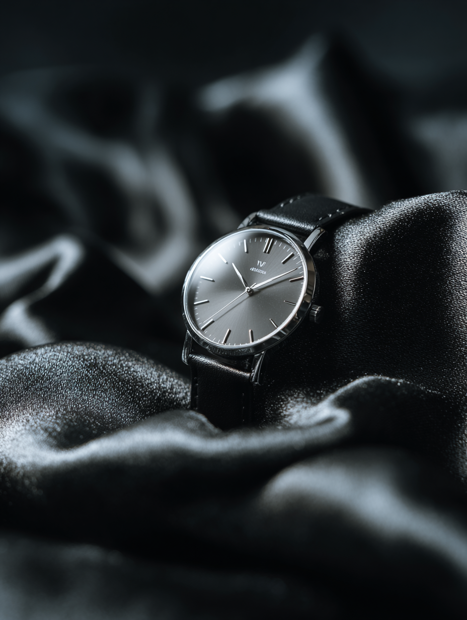 Relógio de design minimalista prateado com pulseira de couro preto repousa sobre tecido acetinado escuro. Iluminação suave destaca o mostrador elegante em fundo dramático, criando uma composição sofisticada e luxuosa.