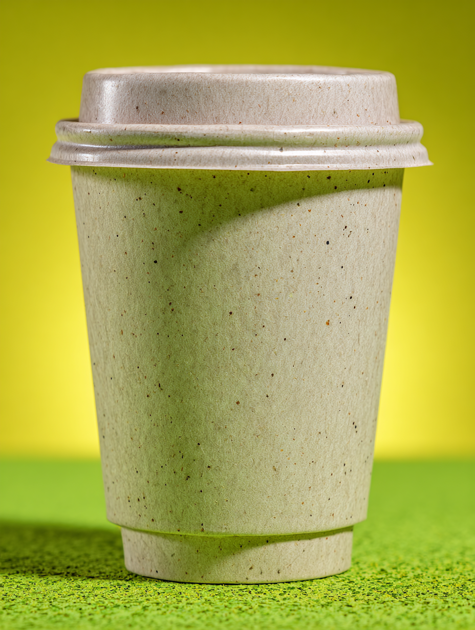 Copo biodegradável em destaque com textura granulada sobre superfície verde, fundo amarelo vibrante, iluminação suave criando sombras sutis, estilo minimalista e foco em sustentabilidade.