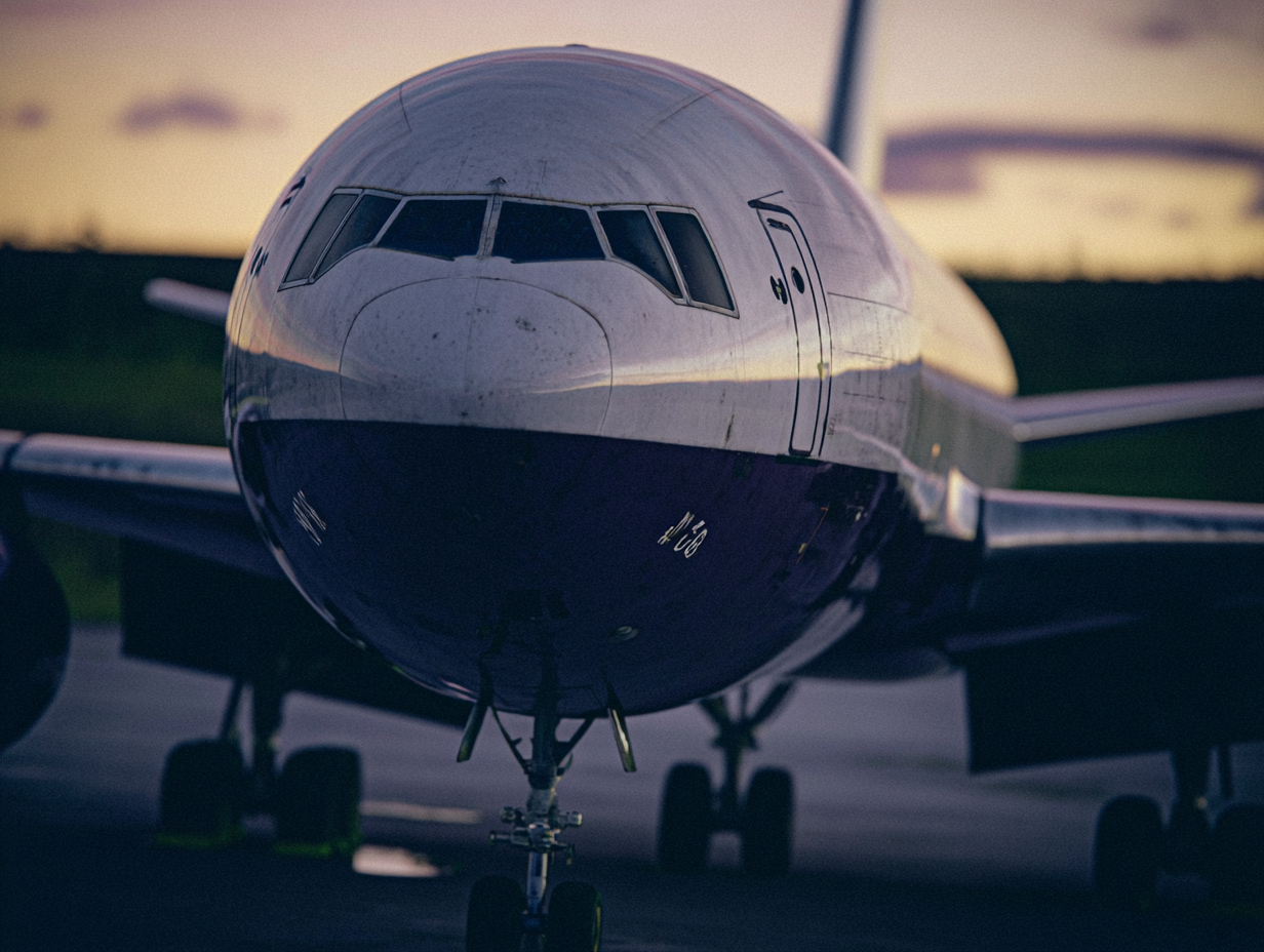 Imagem de um avião de passageiros estacionado na pista, com foco na parte frontal e detalhes da fuselagem refletindo a luz do entardecer.