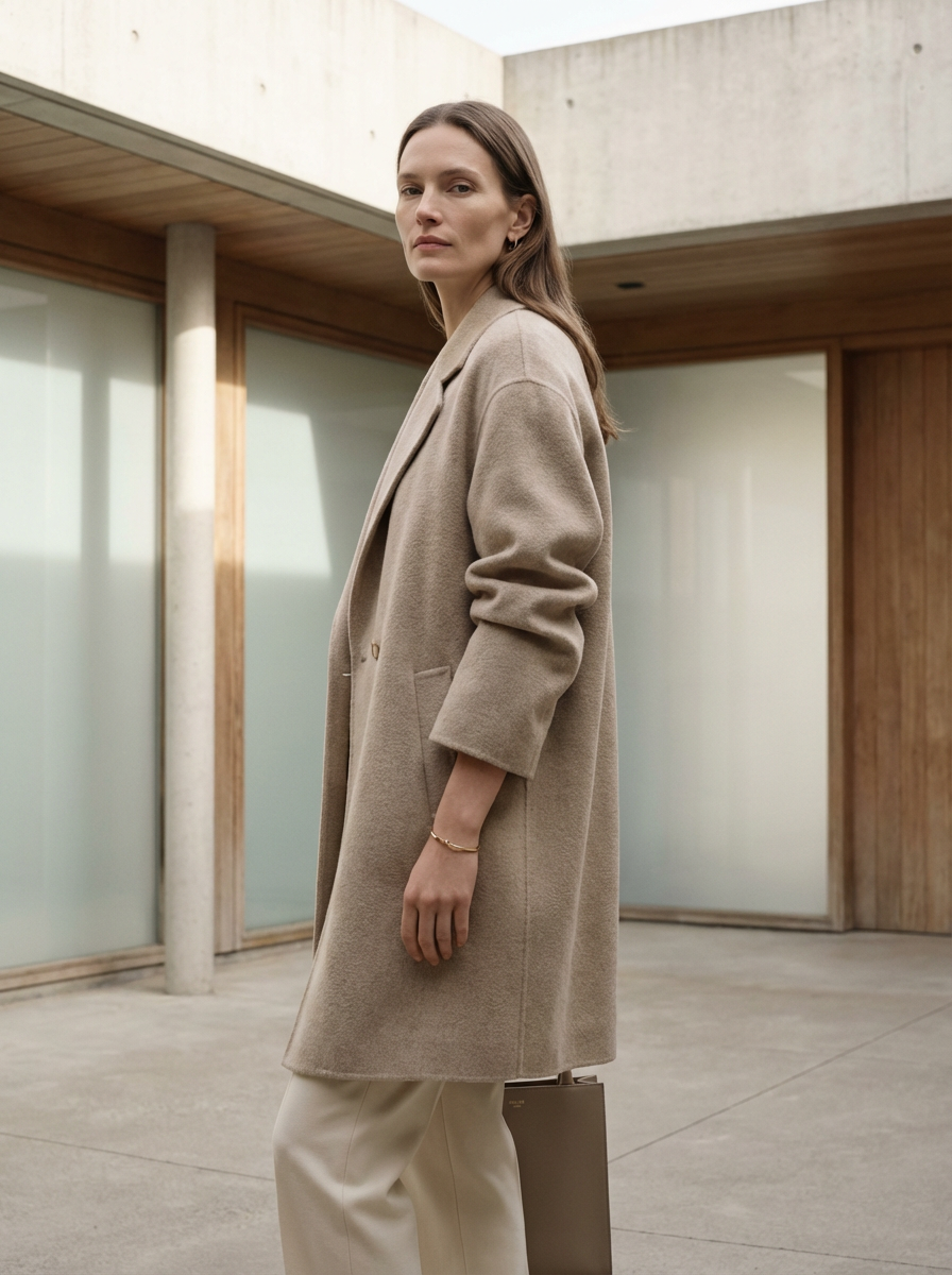 A woman stands elegantly in a neutral-toned coat within a minimalist architectural setting