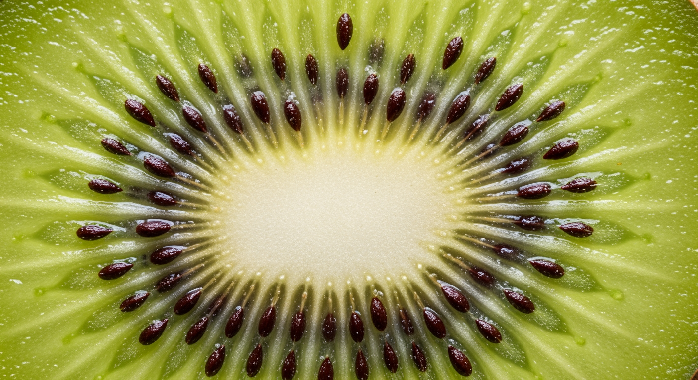 Close-up of a vibrant kiwi slice with glistening seeds and juicy texture