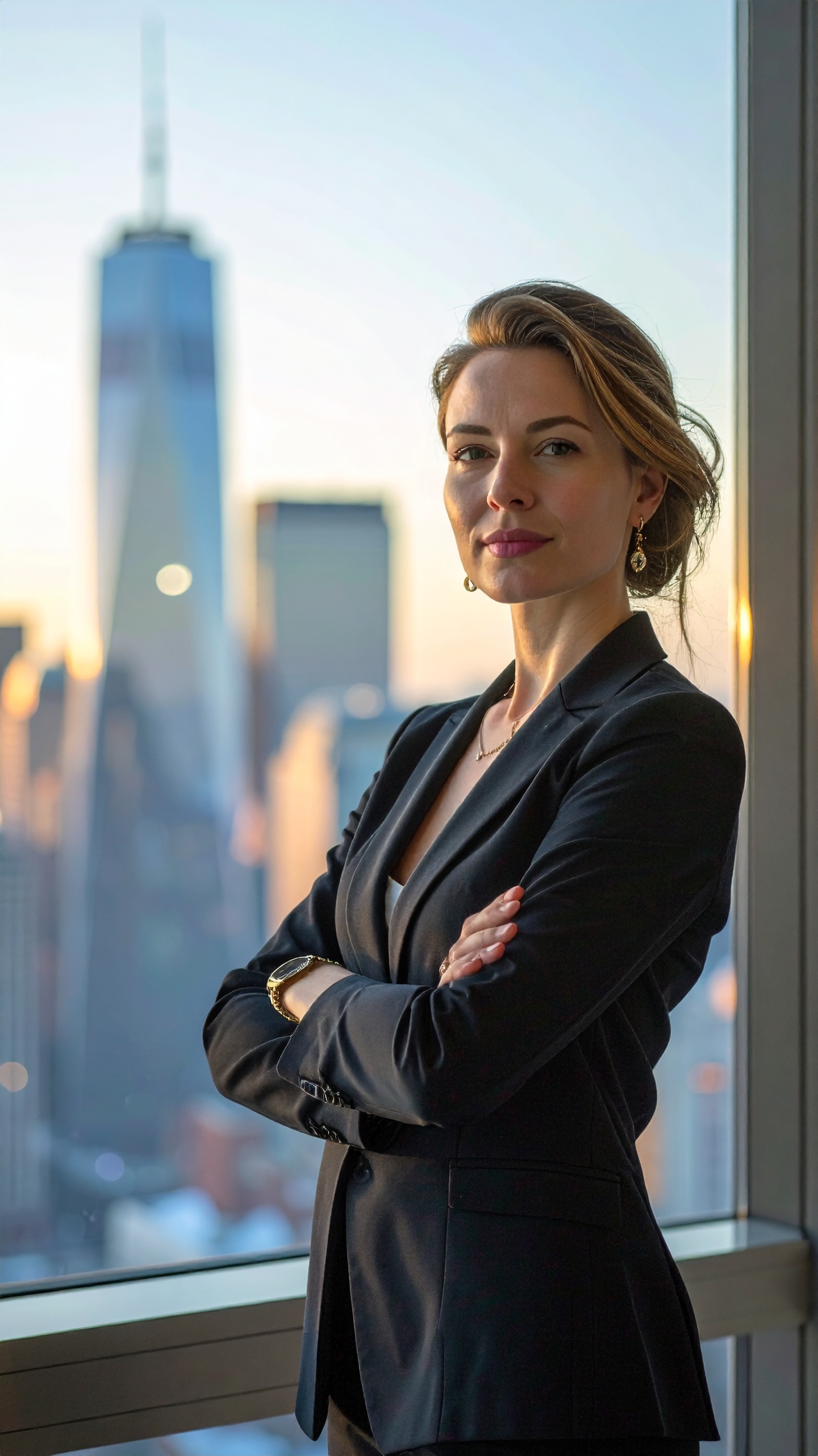 Confident Woman in Formal Attire with Skyline View at Sunset