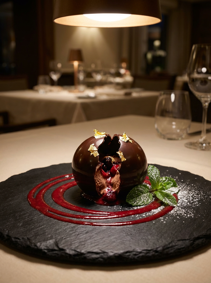 A luxurious chocolate dessert rests elegantly on a dark slate plate under ambient restaurant lightin