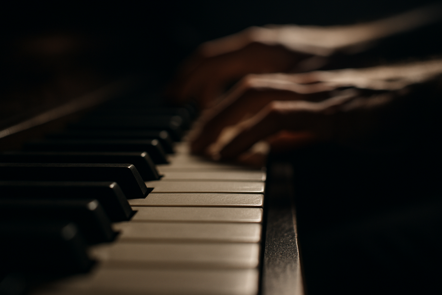 Hands Gently Touching Piano Keys in a Dark Environment
