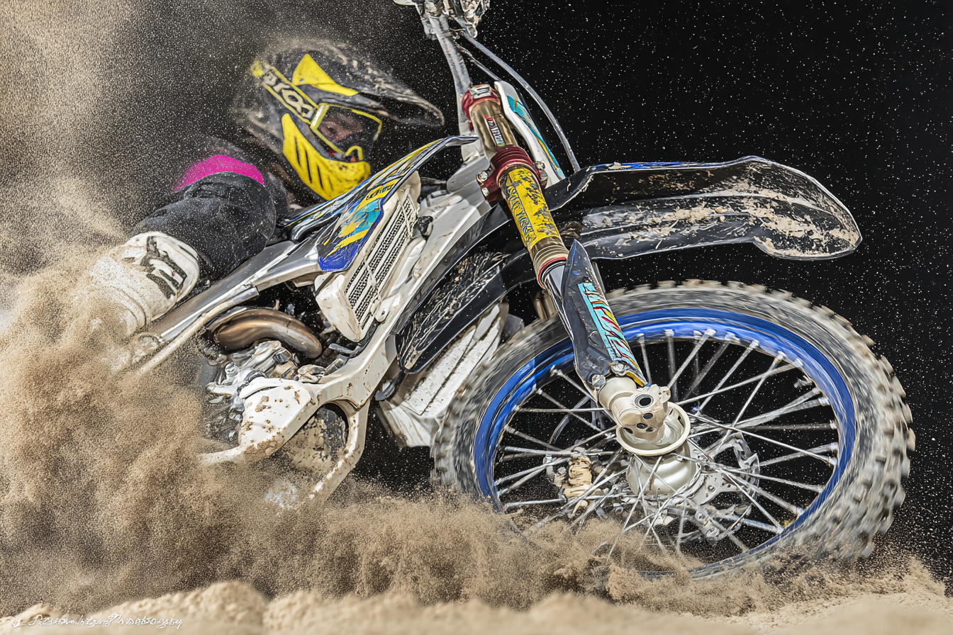 Motociclista em ação em uma pista de areia, levantando uma nuvem de poeira enquanto acelera em uma moto off-road. A imagem destaca a velocidade e a potência da motocicleta, com detalhes visíveis na suspensão e no design do veículo.
