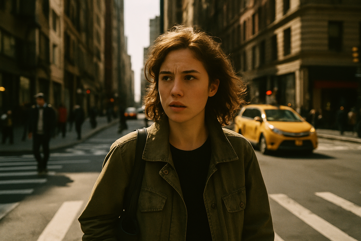 A young person walks through a bustling city street, capturing a moment of urban life