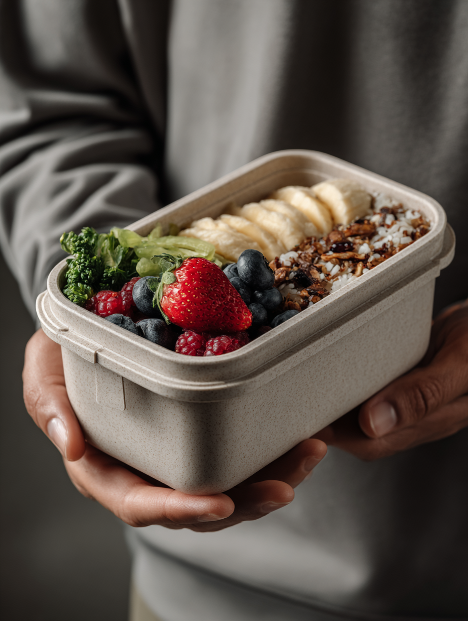 Mãos segurando recipiente de comida saudável com frutas frescas e granola sob luz suave e foco seletivo, destacando morangos, blueberries e fatias de banana. Composição harmoniosa e tons neutros criam atmosfera acolhedora e natural.