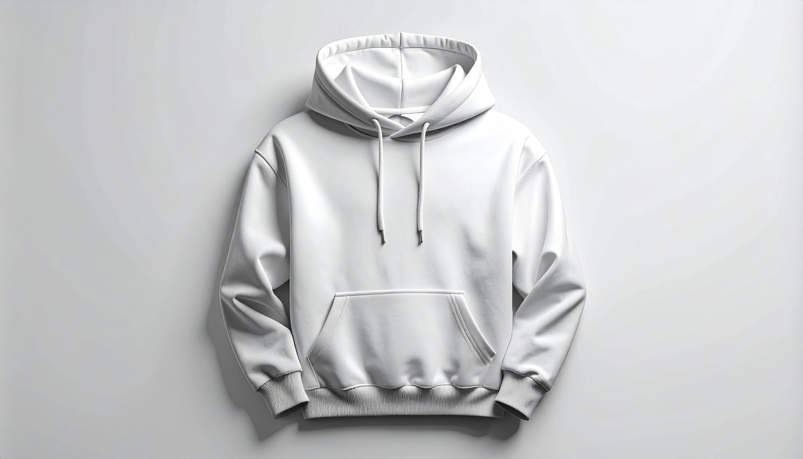 Moletom branco com capuz pendurado contra um fundo claro, exibindo uma textura suave e design minimalista. A iluminação uniforme realça o tecido e os detalhes dos cordões, enquanto a composição centrada destaca sua simplicidade e elegância, criando uma atmosfera limpa e moderna.