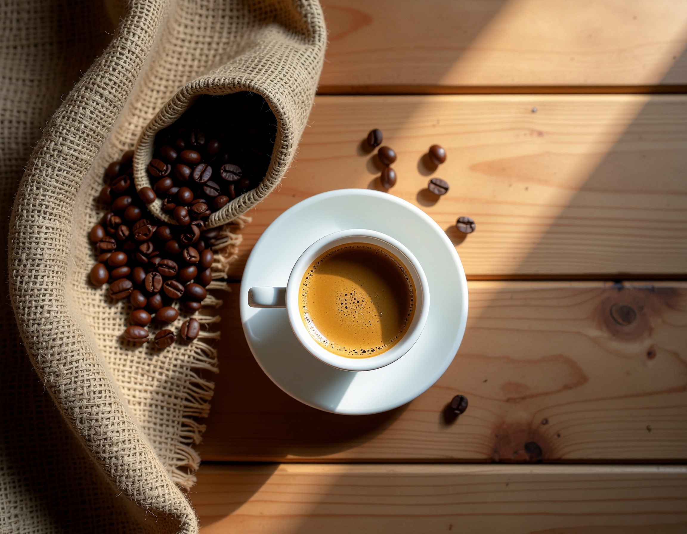 A steaming cup of espresso sits invitingly on a wooden table