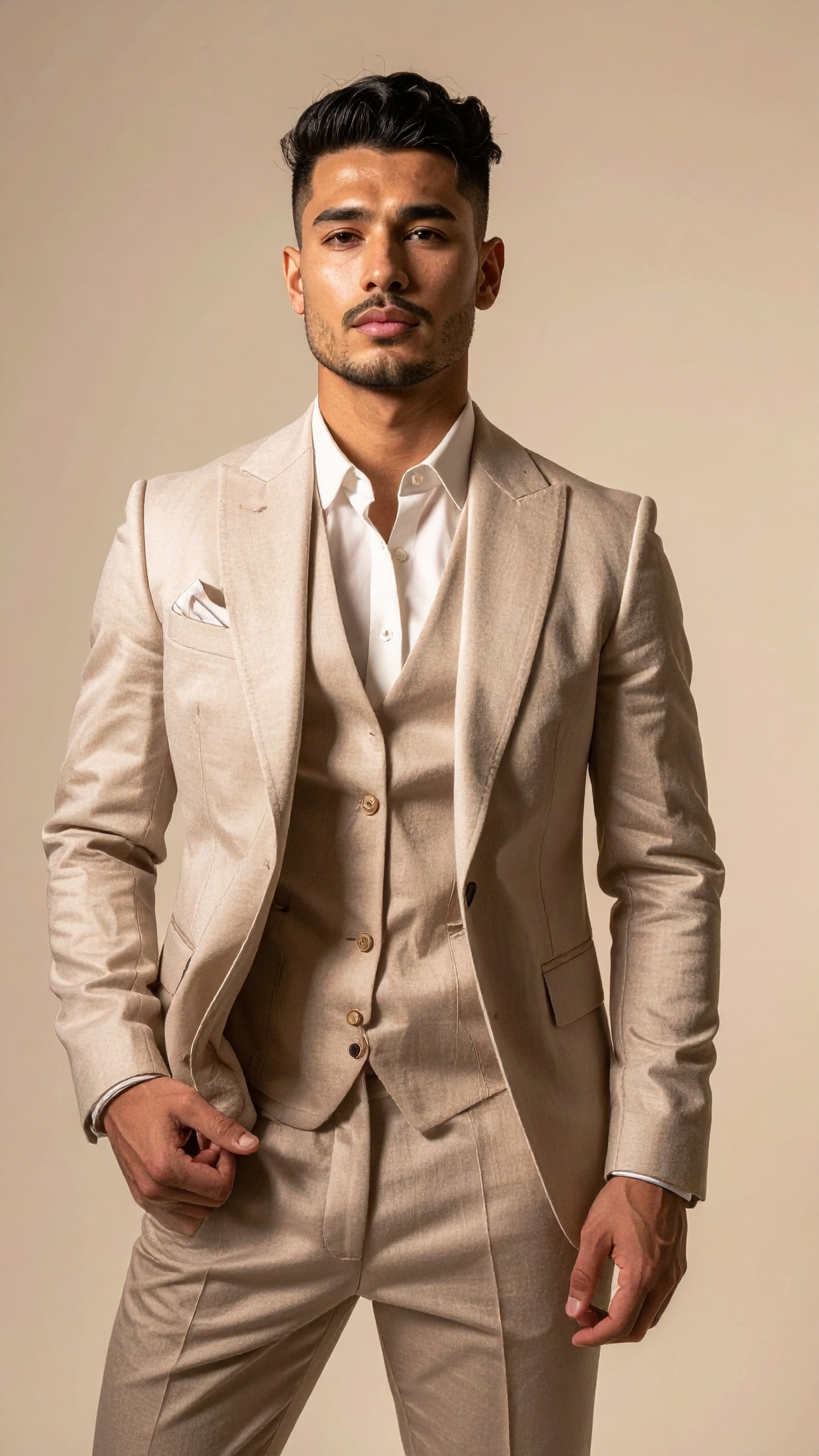 A man wears a tailored beige suit against a neutral background, exuding elegance and style