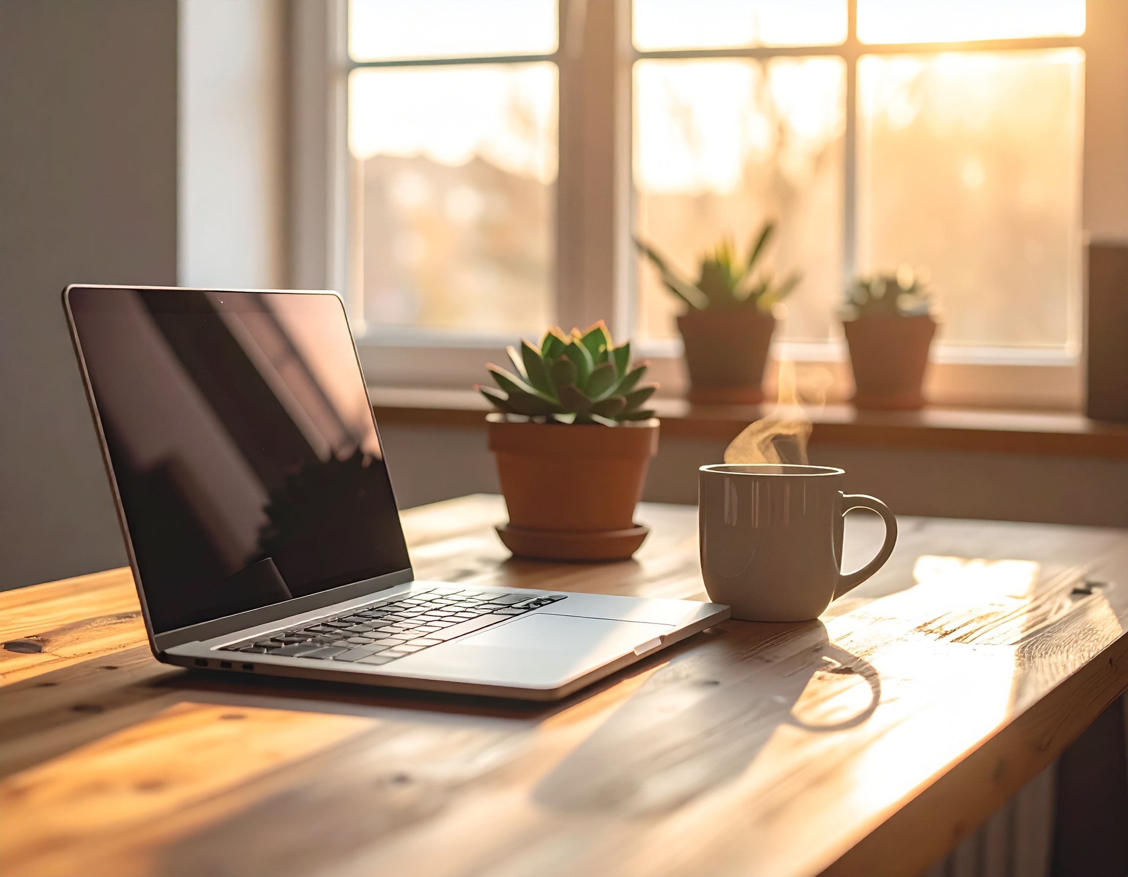A sleek laptop sits on a sunlit wooden desk beside a steaming coffee mug and potted succulents