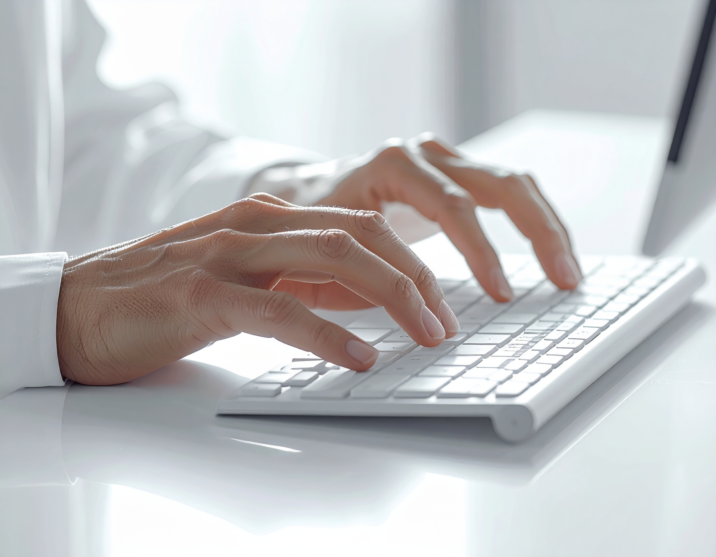 Mãos digitando em um teclado branco em ambiente iluminado, detalhes das mãos em foco com reflexos suaves na superfície brilhante, composição minimalista e moderna.