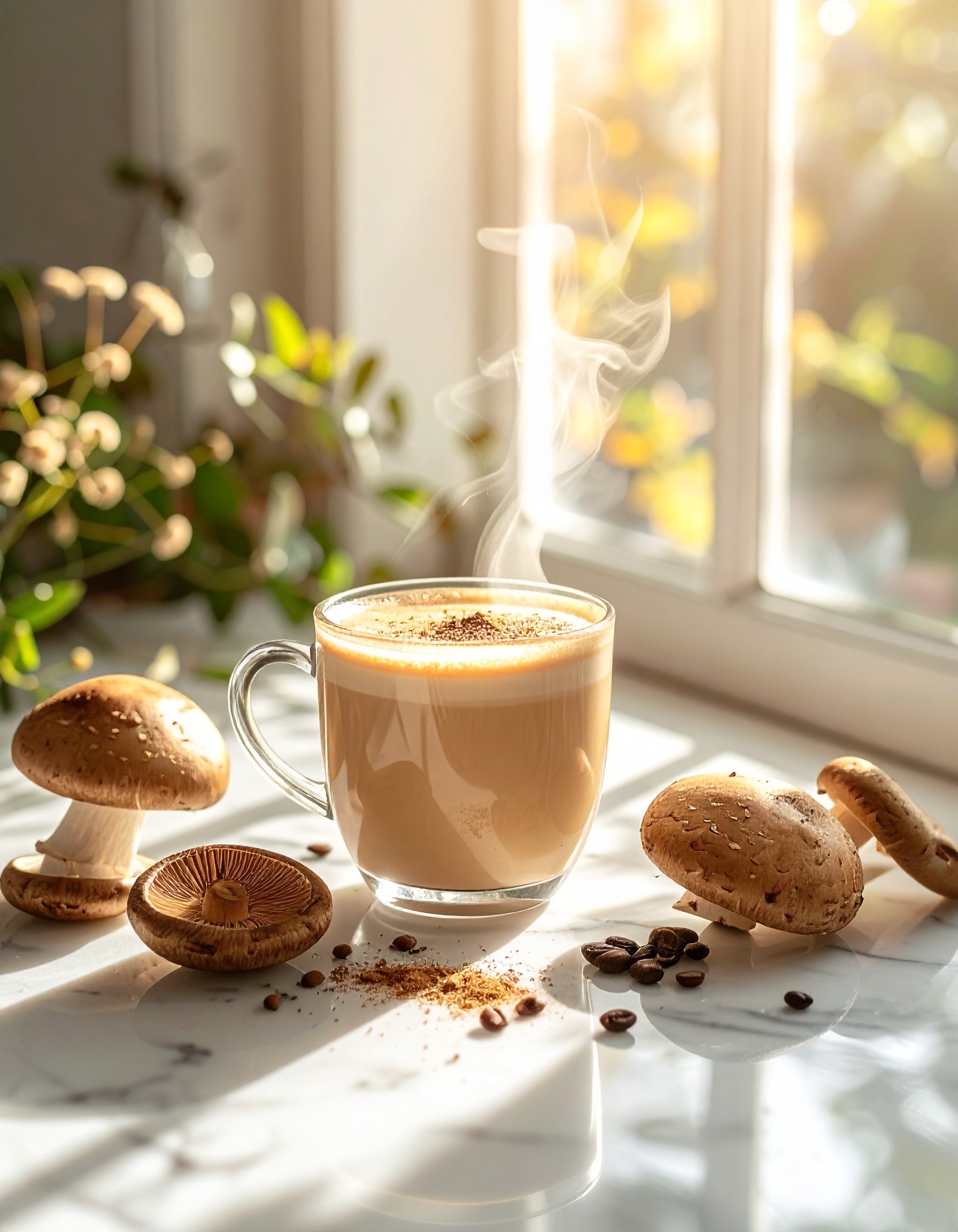 A steaming cup of mushroom coffee sits on a sunlit marble surface