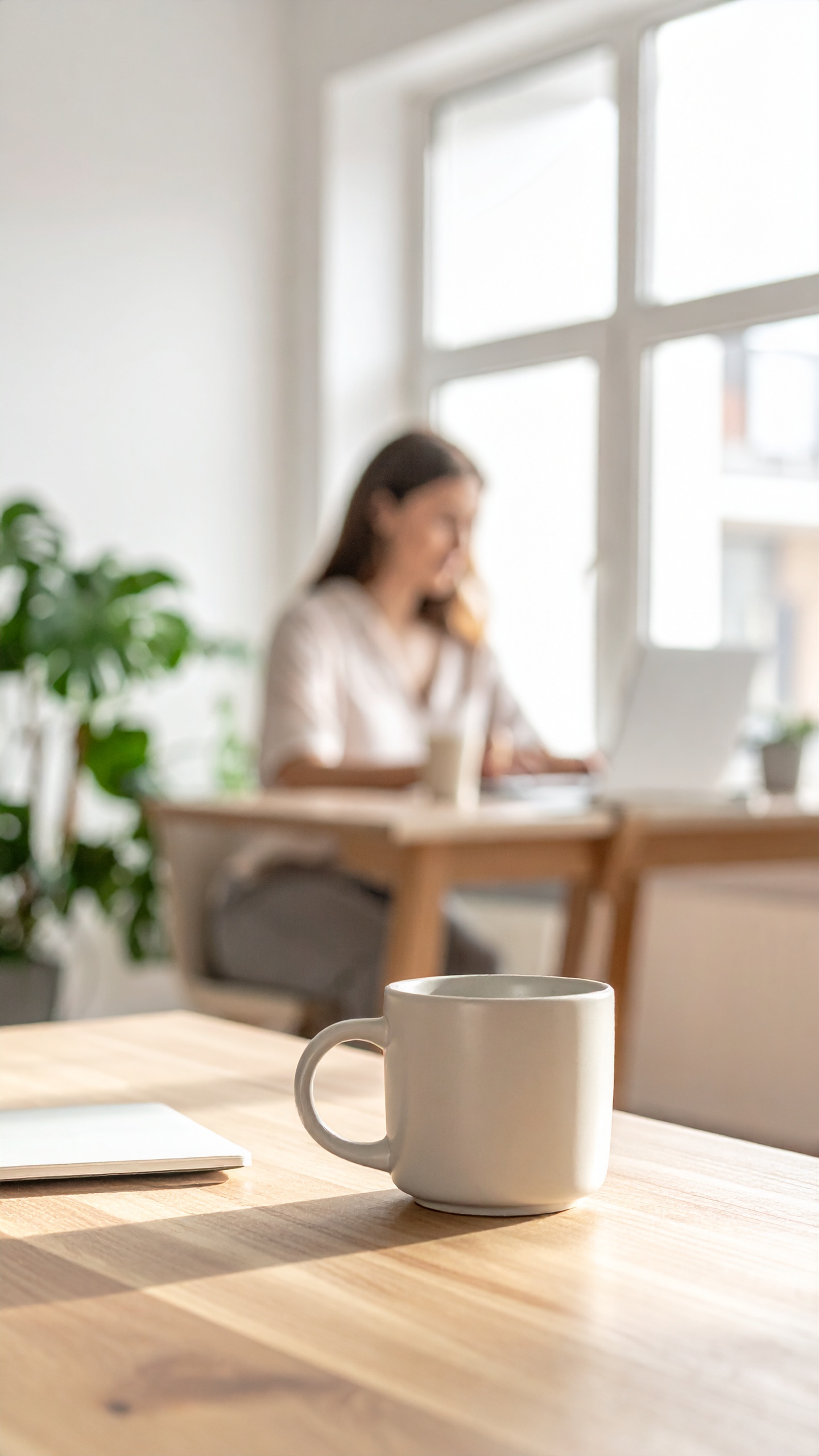 A white coffee mug sits on a wooden desk in a bright, sunlit room