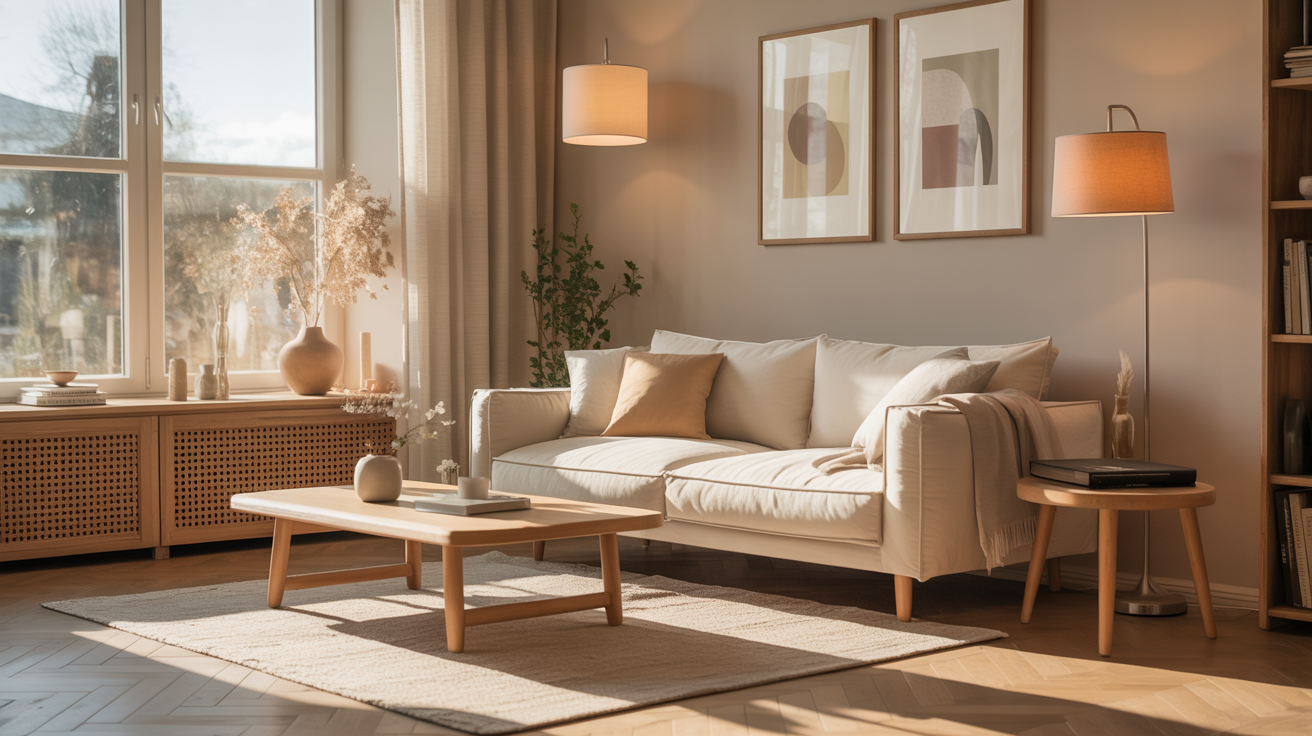 Elegant Living Room with Cozy Beige Sofa