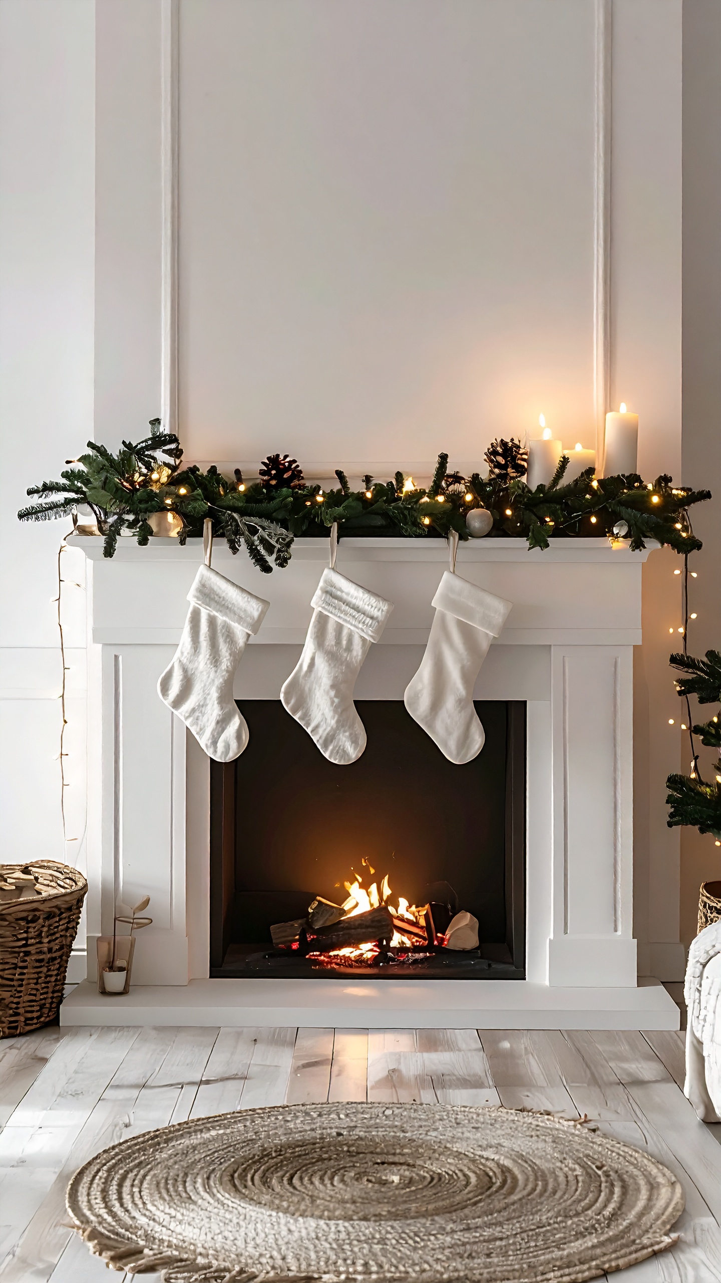 Sala de estar com lareira acesa, decorada com meias brancas penduradas, guirlanda de pinheiro e luzes natalinas. Velas acesas criam uma atmosfera acolhedora, com piso de madeira clara e cesto de madeira ao lado. A iluminação suave destaca o ambiente festivo e aconchegante.