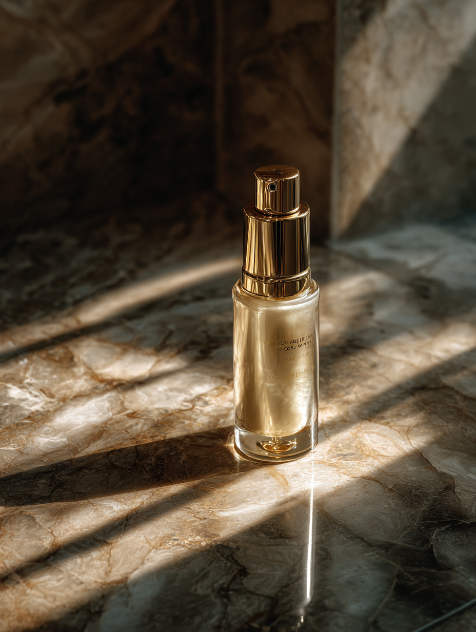 Frasco de perfume dourado sobre superfície de mármore, iluminado dramaticamente por feixes de luz. A composição destaca o brilho metálico e a elegância do design do produto, com sombras sutis criando um efeito visual sofisticado e minimalista. A iluminação realça a textura do mármore e a transparência do frasco, proporcionando uma sensação de luxo e requinte.