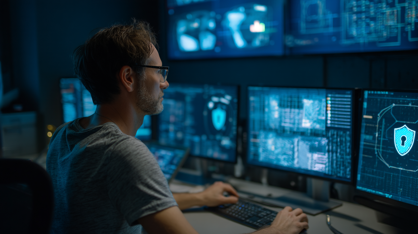 A imagem apresenta um ambiente de trabalho moderno com um foco em telas de computador exibindo dados e gráficos em um esquema de cores predominantemente azul e verde. O homem sentado em frente aos monitores tem cabelo escuro e usa óculos. Ele está concentrado em seu trabalho, que parece estar relacionado à segurança cibernética, evidenciado pelo ícone de escudo com uma chave no monitor à sua frente.